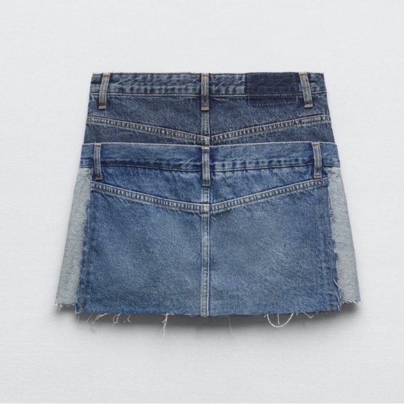 ZARA ZW Denim Mini Skirt Double Waisted Upcycled Ultra Mini Size Small - Picture 3 of 16